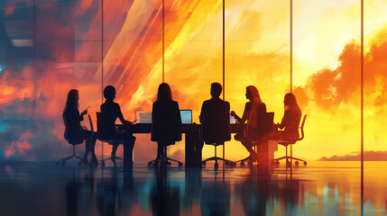 Canvas Print - Silhouette of business people working together in a conference room with large windows overlooking a vibrant sunset