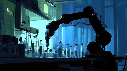 Poster - Robotic Arm in Laboratory with Glass Bottles and Scientific Equipment