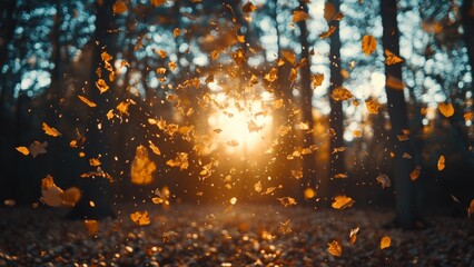 Wall Mural - autumn leaves dance in golden sunlight through forest trees