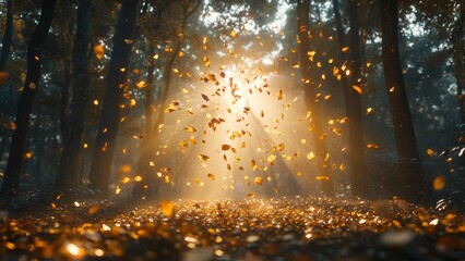 Wall Mural - golden leaves dance in sunlight through serene forest