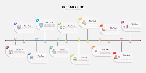 Aufkleber - Timeline Creator infographic template. 12 Step timeline journey, calendar Flat simple infographics design template. presentation graph. Business concept with 12 options, gantt vector illustration.