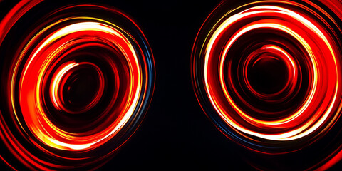 Poster - Two large, red circular shapes with concentric rings on the left and right, swirling in motion against a black background