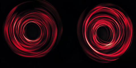 Poster - Two large, red circular shapes with concentric rings on the left and right, swirling in motion against a black background