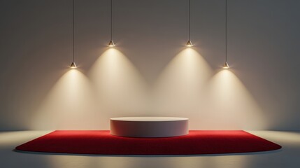 Poster - minimalist studio setup with lights and red carpet for showcase