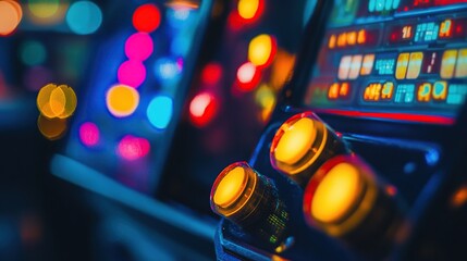 Illuminated control panel buttons at night.