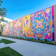 © Laongdaow - A sprawling wall mural on a university campus, blending vibrant religious icons in bright colors, symbolizing the peaceful coexistence of diverse faiths and cultures within the academic environment.