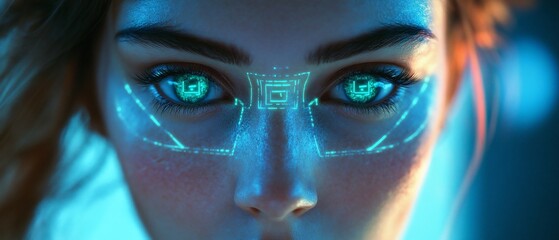 Poster - Futuristic portrait with glowing eyes and digital interface.