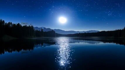 Poster - Beautiful calm lake reflecting moonlight at night in a serene natural setting