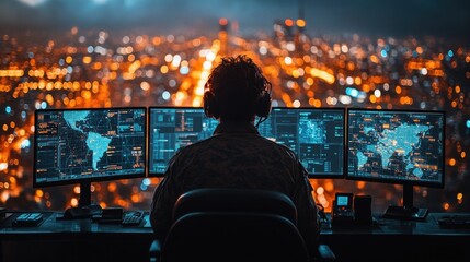 Poster - Person monitoring data on multiple screens at night