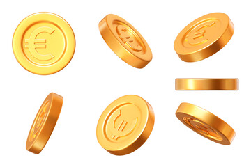 Wall Mural - 3d set of gold coins with the euro sign at different angles. the currency of the european union. sto