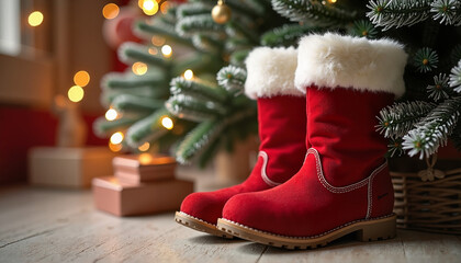 Wall Mural - Festive red boots with fur, placed by the Christmas tree in a cozy holiday setting