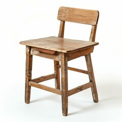 Poster - Rustic wooden chair with backrest and small drawer, isolated on white background