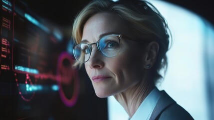 Poster - Thoughtful Businesswoman Analyzing Data on Digital Screen