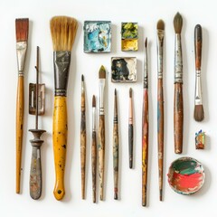 Poster - Variety of used paintbrushes and palettes showing colorful artistic mess lying on white background