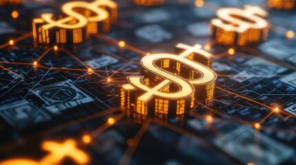 Poster - Golden Dollar Symbols Connected by Digital Network Lines