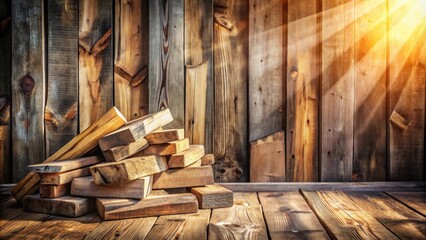 Wall Mural - Rustic Wooden Boards Stacked Against a Sunlit Wall