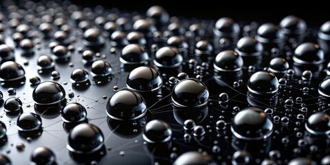 Macro photograph of water droplets on a dark surface, exhibiting reflective properties and intricate patterns formed by a web