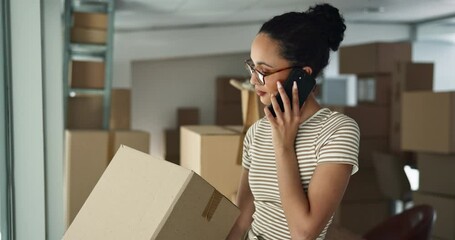 Aufkleber - Happy woman, phone call or logistics with box for online order, distribution or inventory at warehouse. Female person, distributor or talking on mobile smartphone for supply chain or delivery service