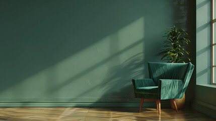 Poster - Serene Green Living Room:  A single, plush armchair, nestled in a corner, bathed in warm sunlight streaming through a large window.