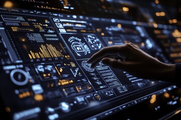 An AI business professional interacting with digital icons of data, graphs, and technology with one hand while pointing at an array of charts and graphics displayed on a screen in front of them. 