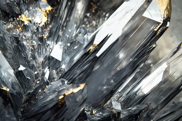 Poster - Intricate 3D crystalline structure featuring sharp facets and golden accents under dramatic lighting