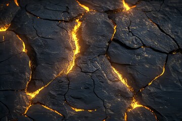 Poster - Jagged rock surface texture with glowing cracks illuminated in dark backdrop