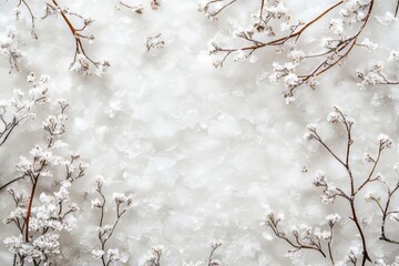 Poster - Clear ice texture with embedded snowflakes and delicate twigs captured in a wintery landscape