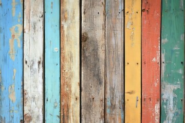 Poster - Distressed wood texture with peeling paint showcasing rustic charm and vibrant colors in a beautiful patterned arrangement