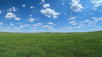 Poster - Expansive green grass field under a bright blue sky with scattered clouds 