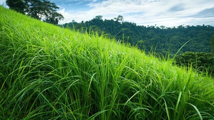 Poster - Thick, tall grass covering a hillside with a forest in the background 