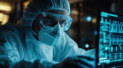 Poster - Scientist analyzing data on computer in lab background