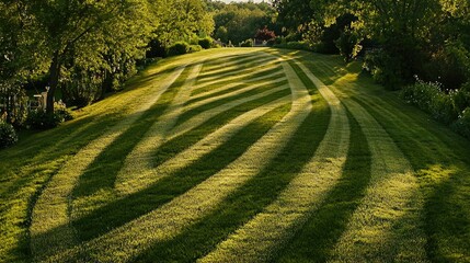 Poster - Lawn being mowed, leaving neat rows of cut grass in a backyard 