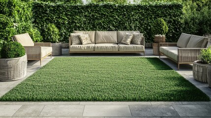 Poster - Artificial grass carpet spread on a patio, surrounded by outdoor furniture 
