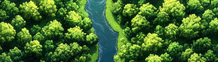 Wall Mural - aerial view of a serene river winding through lush green trees in a tranquil environment.
