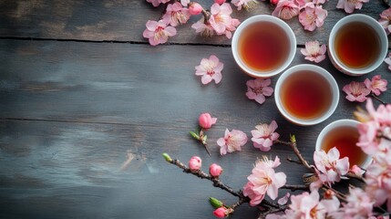 Canvas Print - Beautifully arranged pink blossoms and tea cups on rustic background, happy Chinese Lunar new year