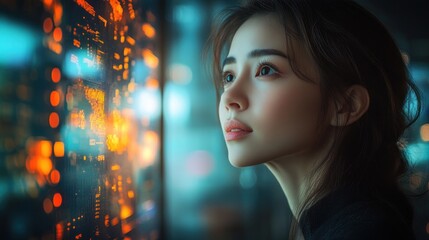 Poster - Woman gazes thoughtfully at digital interface