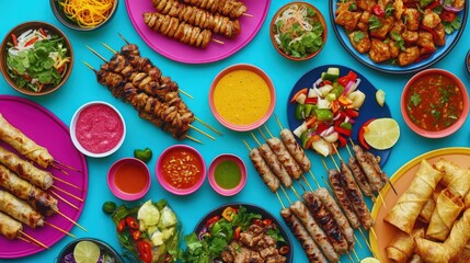 Wall Mural - Vietnamese street food, including skewers of grilled meats, spring rolls, and dipping sauces