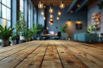 A wooden table with a view of a room with a few potted plants