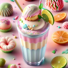 Wall Mural - Whimsical dessert scene with pastel-layered milkshake, various treats, citrus slices, and sprinkles. Light and playful.