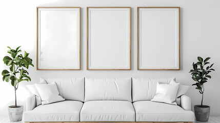 Wall Mural - Minimalist Living Room Mockup: Three empty frames above a white sofa, perfect for showcasing artwork, photography, or product displays.