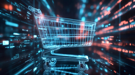 Aufkleber - Online shopping and e-commerce represented by a futuristic glowing shopping cart moving through cyberspace with data streams and binary code