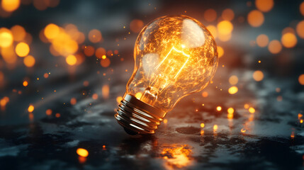 Poster - Glowing light bulb with magical sparks symbolizing creativity, innovation, and the emergence of new ideas in a dynamic, dark backdrop