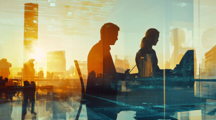 Canvas Print - Two businesspeople are working on computers in a modern office with a cityscape overlay at sunset, creating a futuristic and ambitious atmosphere