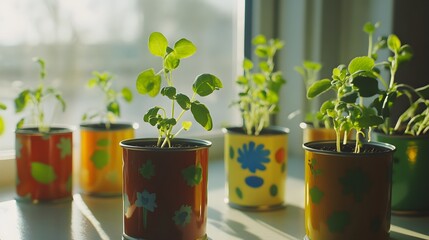 Vibrant Potted Plants on Rustic Wooden Windowsill