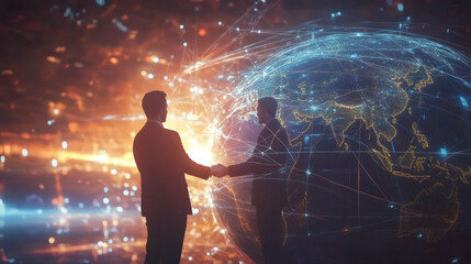 Poster - Two businessmen shaking hands in front of a digital world globe, symbolizing global business and international partnerships