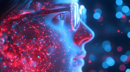 Aufkleber - Scientist using advanced glasses to analyze neural network data, visualized as a complex web of interconnected nodes, in augmented reality