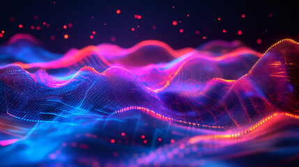 Aufkleber - Glowing particles creating a vibrant, colorful grid form a dynamic wavy surface against a deep, dark background, evoking a sense of innovation