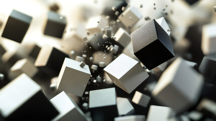 Poster - Modern design with floating and rotating black and white cubes creating an abstract background