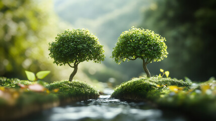 Poster - Lush green trees thrive on mossy mounds divided by a clear stream, creating a tranquil forest scene