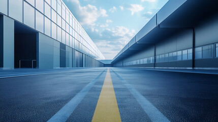 Aufkleber - Partially cloudy sky over wide asphalt road leading to modern industrial or logistics buildings